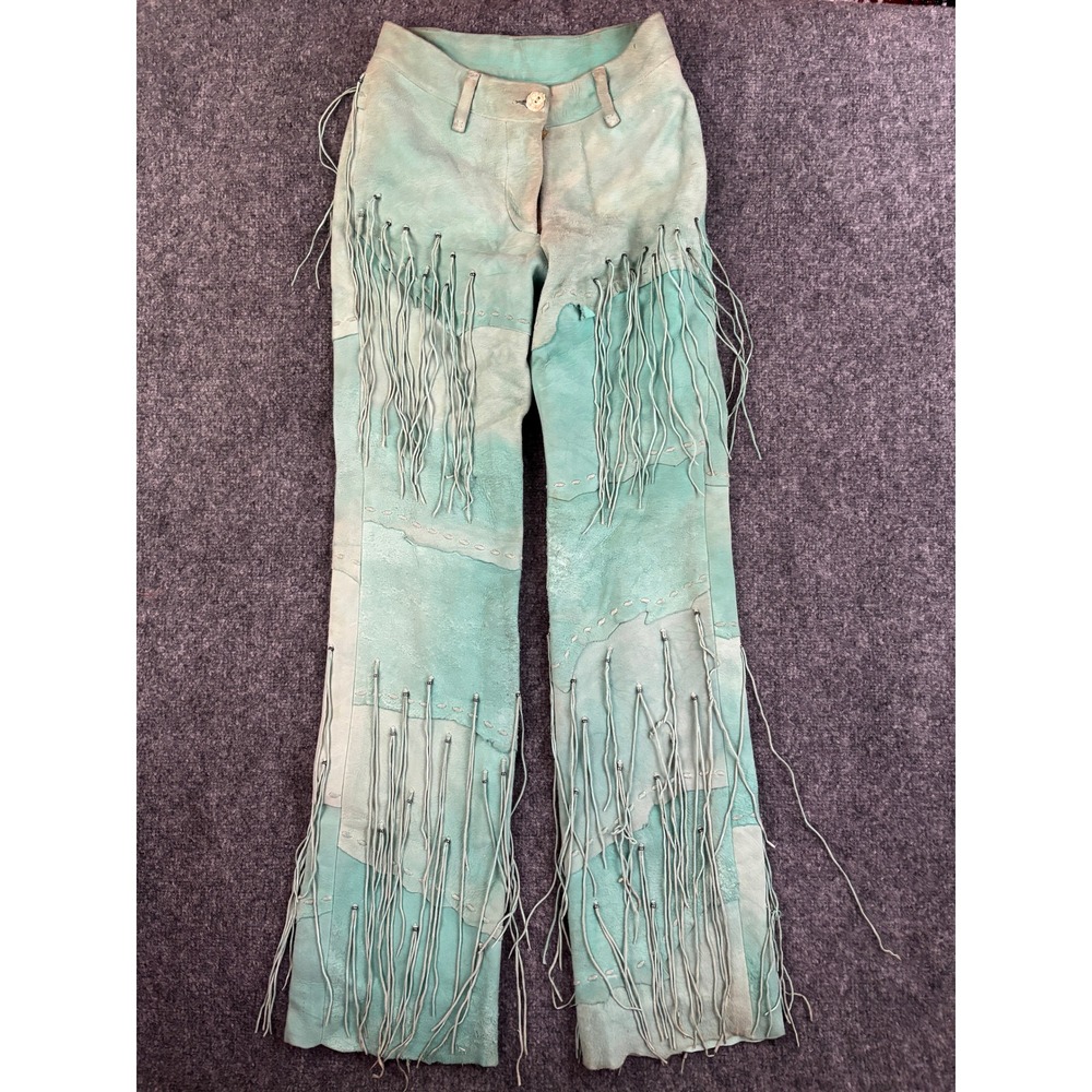 Michelle Julene Couture Fringe Leather Pants Turquoise Western 24"‎ Rare Vintage